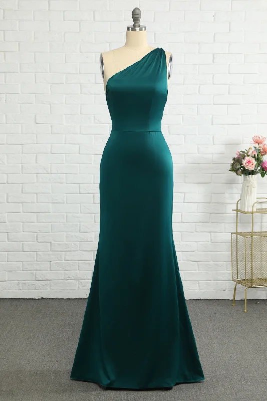 Mermaid One Shoulder Dark Green Long Bridesmaid Dress