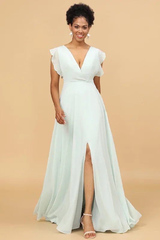 Mint Chiffon V-Neck Bridesmaid Dress