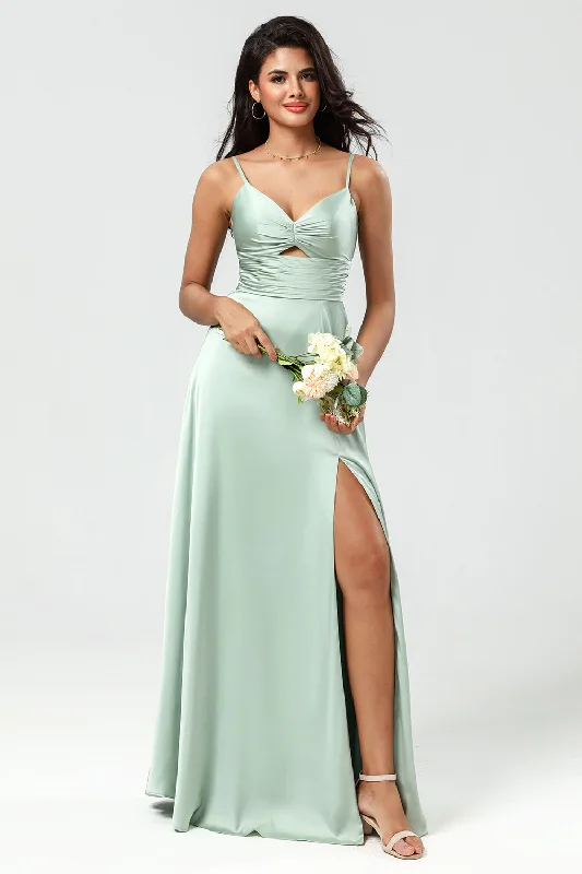 Spaghetti Straps Keyhole A Line Green Bridesmaid Dress with Slit