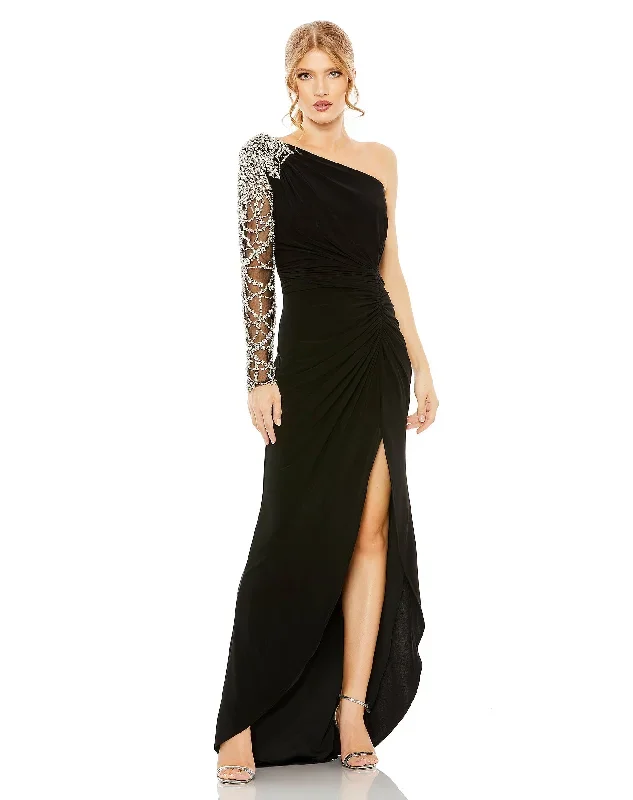 Embellished One Shoulder Long Sleeve Gown