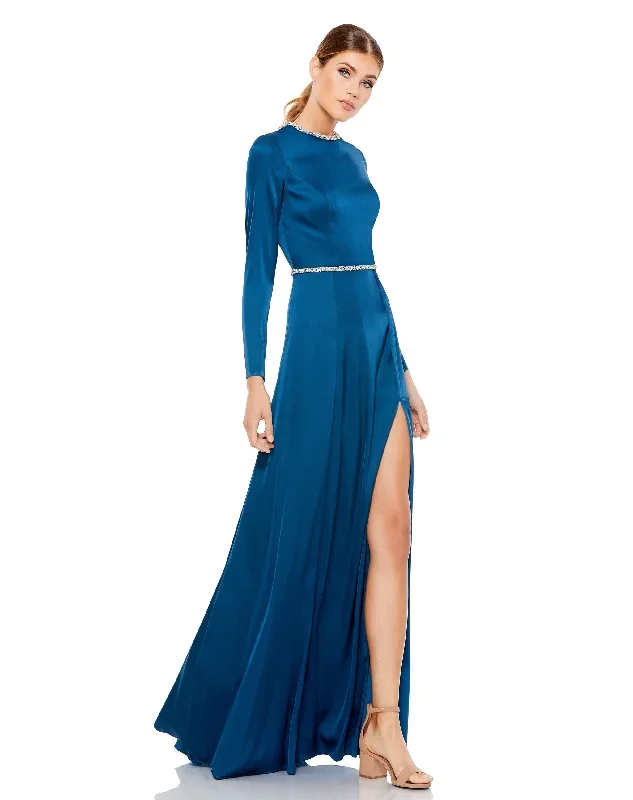 Long Sleeve Jewel Trimmed Charmeuse Gown - FINAL SALE