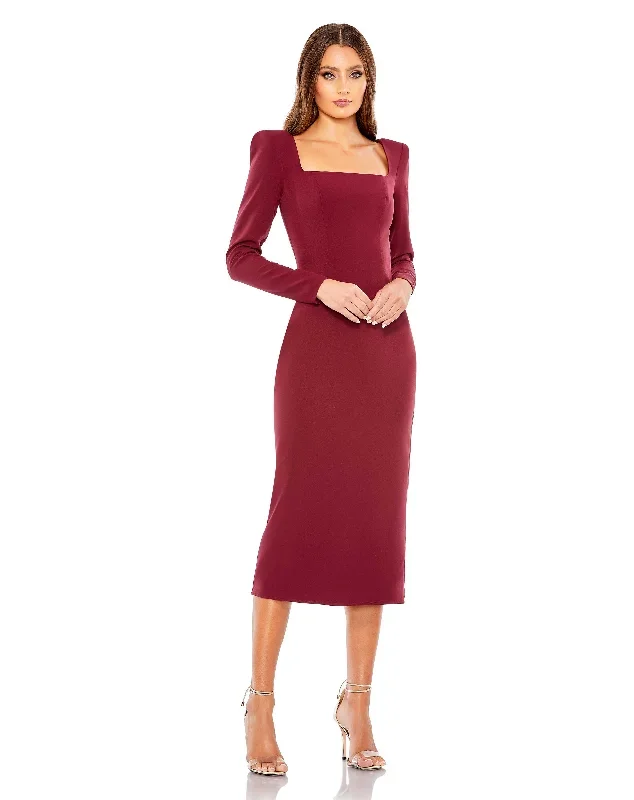 Square Puff Shoulder Long Sleeve Midi Dress