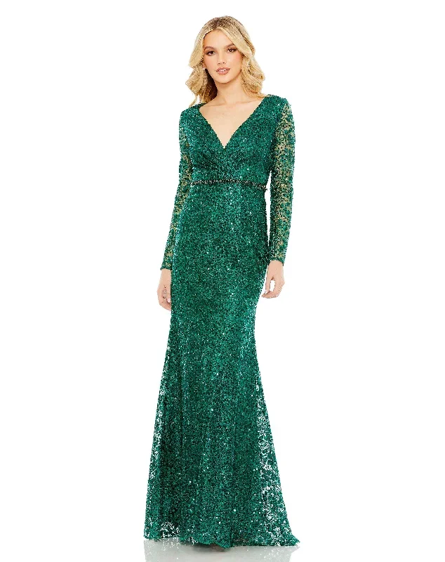 Embellished Wrap Over Long Sleeve Gown