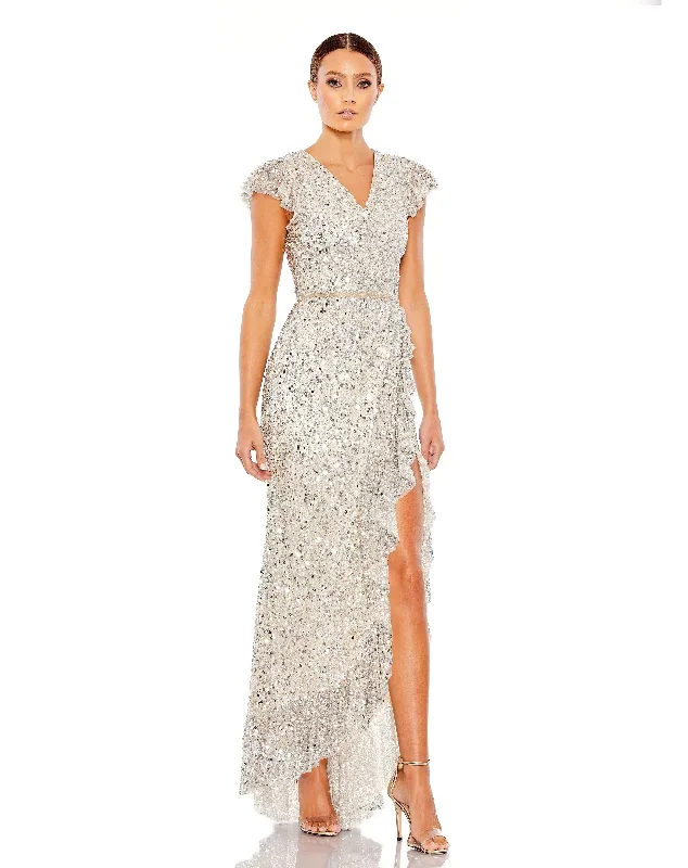 Sequined Faux Wrap Ruffle Cap Sleeve Gown