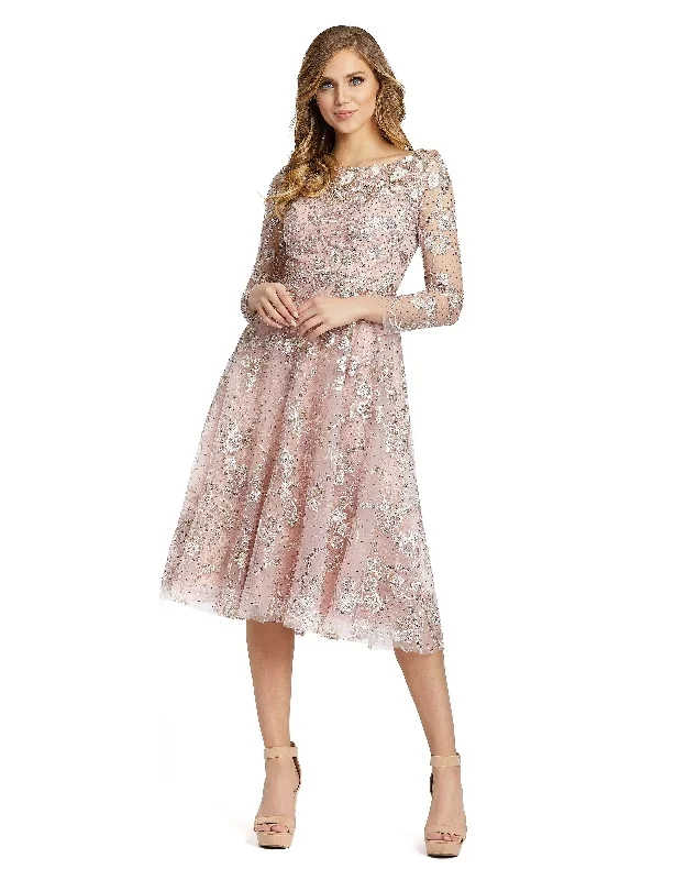 Long Sleeve Floral Embroidered Tea Length Dress