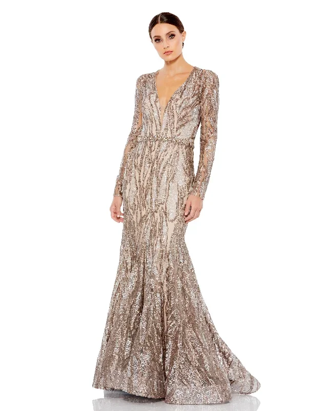 Embellished Long Sleeve Plunge Neck Trumpet Gown