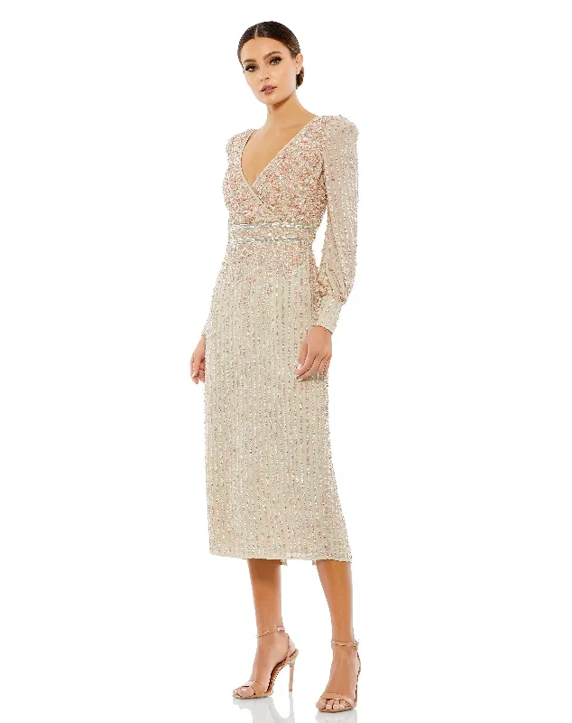 Sequined V Neck Bishop Sleeve Dress