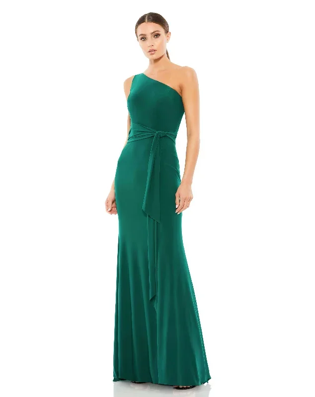 Jersey One Shoulder Belted Trumpet Gown