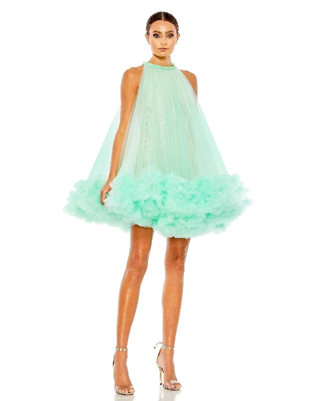 High Neck Gathered Tulle A-Line Swing Dress