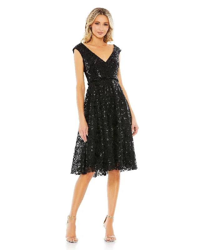 Sequined V Neck Cap Sleeve Dress