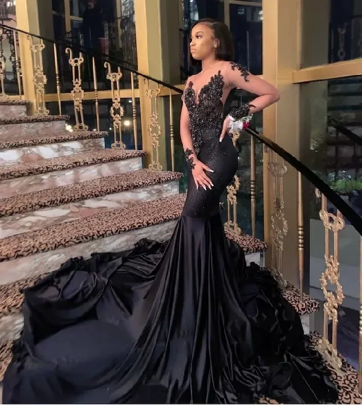 Black African American Prom Dresses Mermaid Long Sleeves Beaded Black Girls Nigeria Robe De Soiree Evening Dress Gown