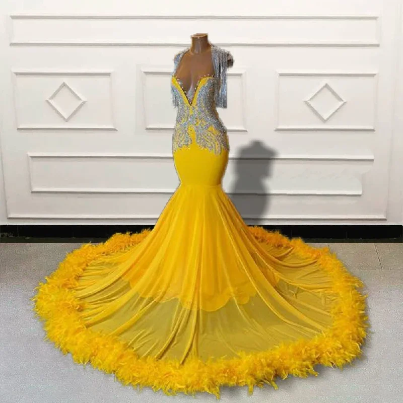 Black Girls Beaded Feathers Mermaid Long Prom Dresses 2024 for Graduation Party Luxury Yellow Women Custom Formal Evening Gown