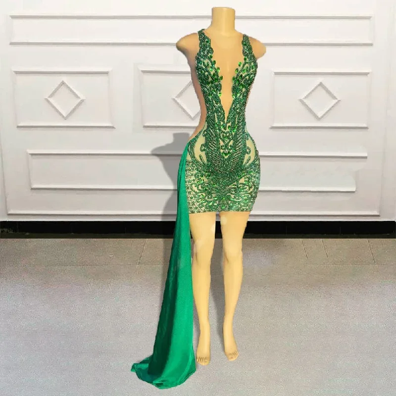 Black Girls Luxury Beaded Diamond Green Short Prom Dresses 2024 for Birthday Party Sexy See Through Women Mini Cocktail Gowns