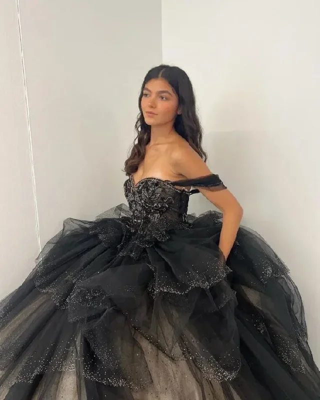 Black Gothic Princess Quinceanera Dresses Off Shoulder Sparkly Crystal Layers Skirt Corset vestido para 15 años adolecentes