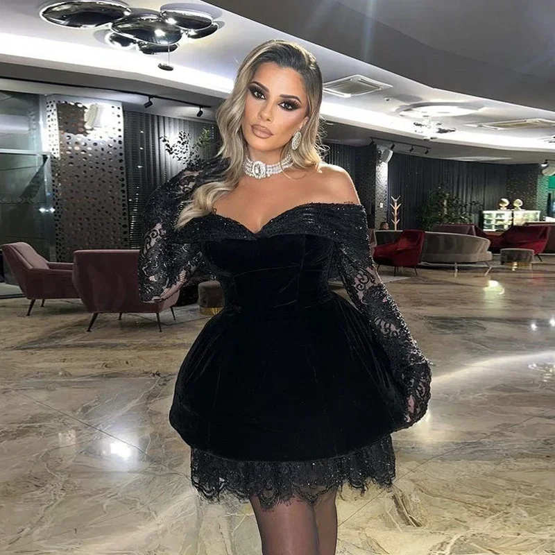 black-lace-velvet-short-cocktail-dresses-with-gloves-off-the-shoulder-mini-length-prom-gown-customized-formal-party-dress-2024