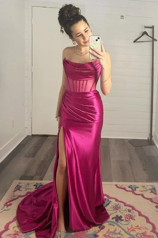 Magenta Strapless Sheer Bodice Mermaid Long Formal Dress