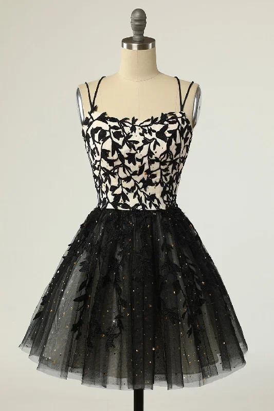 Black Tulle Floral Lace A-Line Short Homecoming Dress