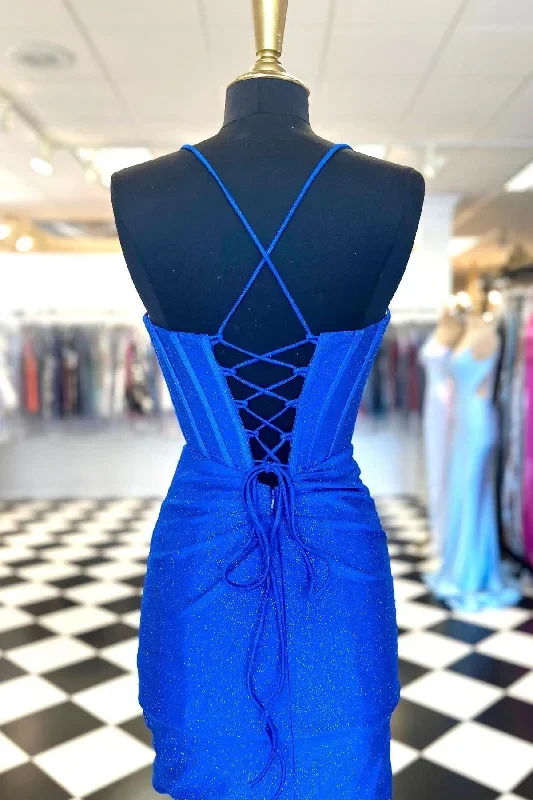 blue-beaded-cowl-neck-lace-up-short-cocktail-dress