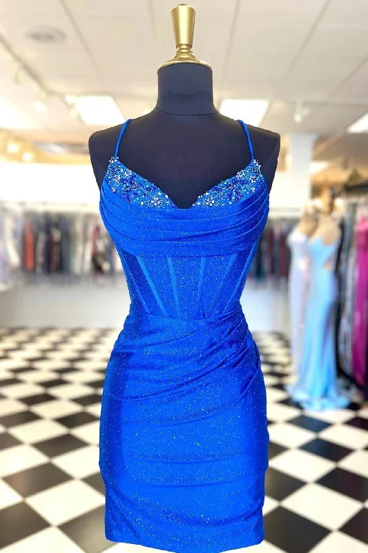 blue-beaded-cowl-neck-lace-up-short-cocktail-dress