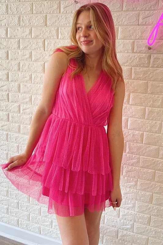 Hot Pink Surplice Multi-Layer Short Homecoming Dress