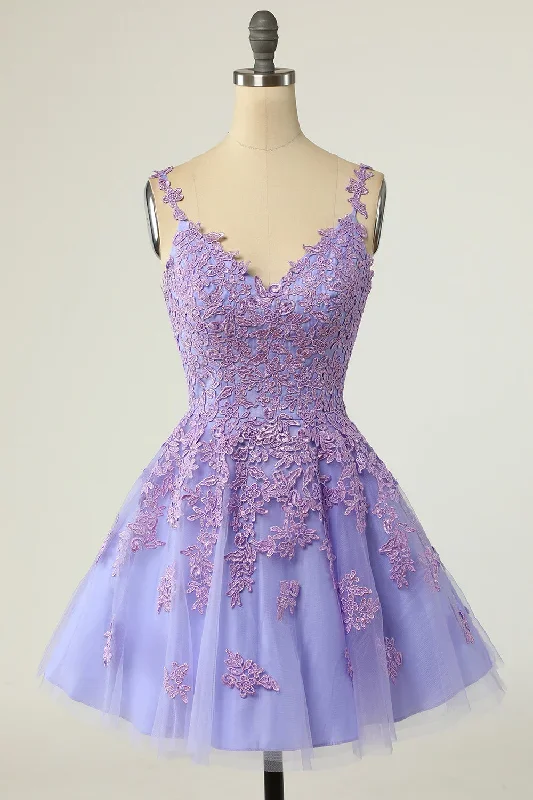 Lavender Appliques V-Neck A-Line Short Cocktail Dress