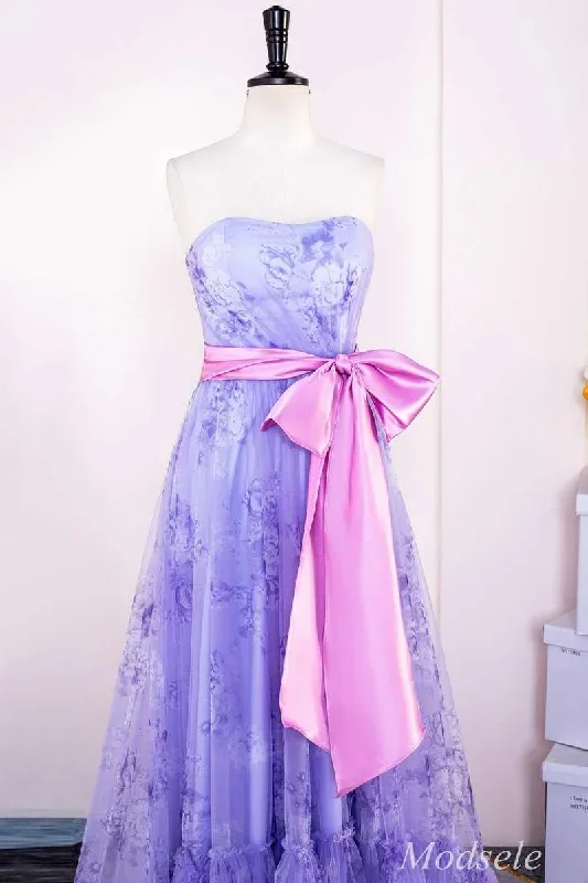 lavender-print-strapless-bow-front-a-line-long-prom-dress