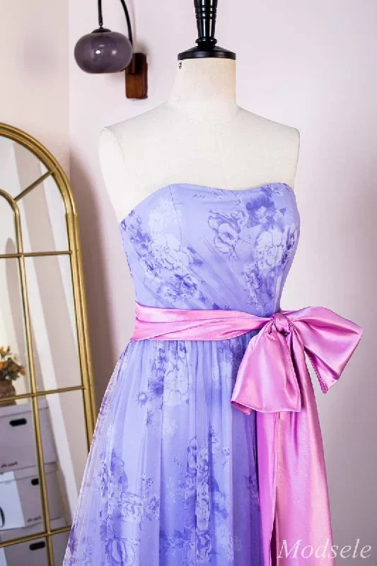 lavender-print-strapless-bow-front-a-line-long-prom-dress