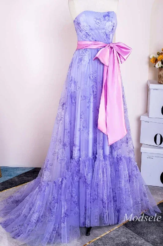 lavender-print-strapless-bow-front-a-line-long-prom-dress