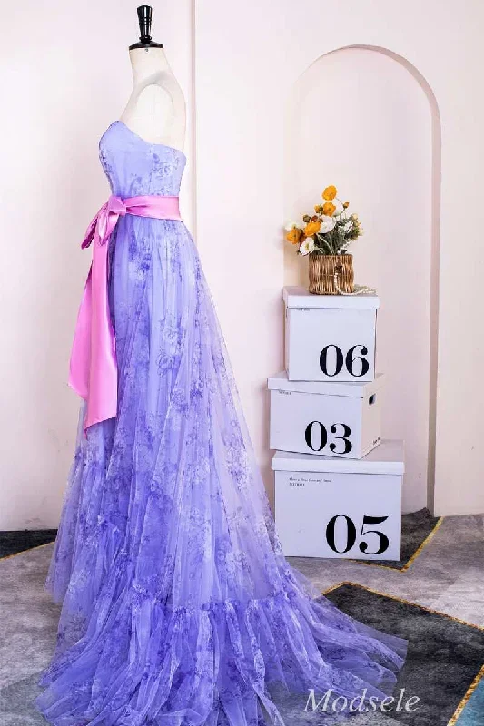 lavender-print-strapless-bow-front-a-line-long-prom-dress