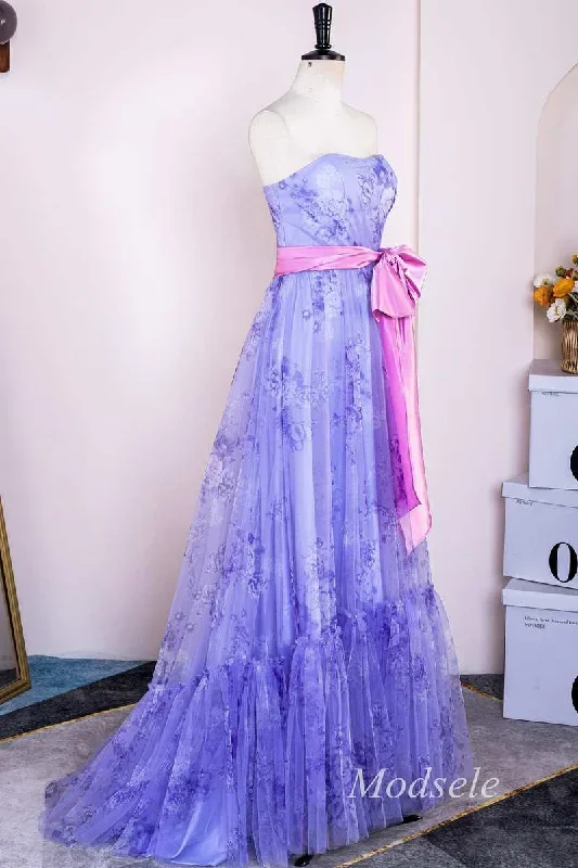 lavender-print-strapless-bow-front-a-line-long-prom-dress