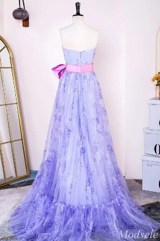 lavender-print-strapless-bow-front-a-line-long-prom-dress