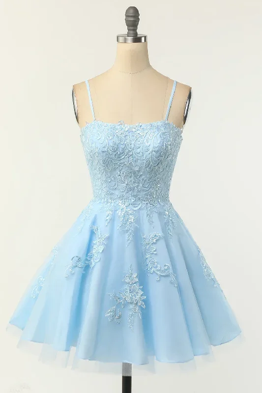 Light Blue Floral Lace A-Line Short Party Dress with Spaghetti Straps