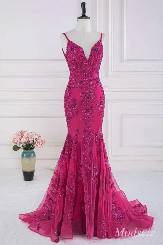 magenta-sequin-appliques-v-neck-trumpet-long-gown