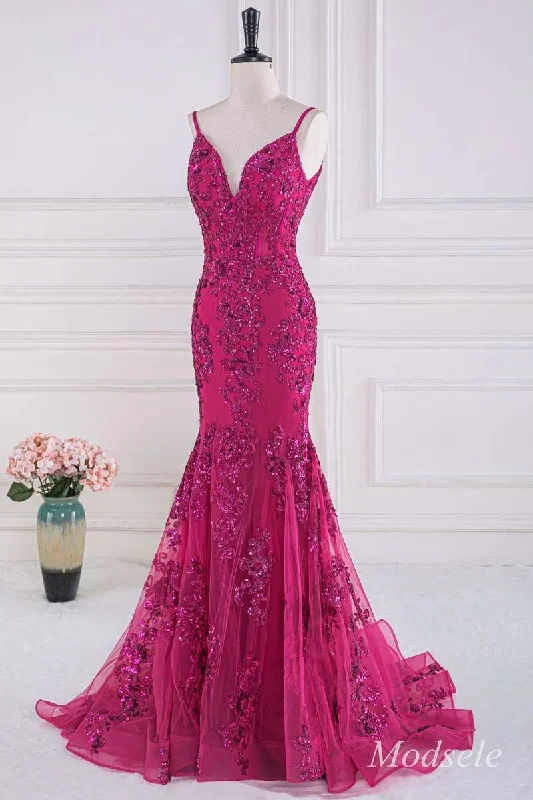 magenta-sequin-appliques-v-neck-trumpet-long-gown