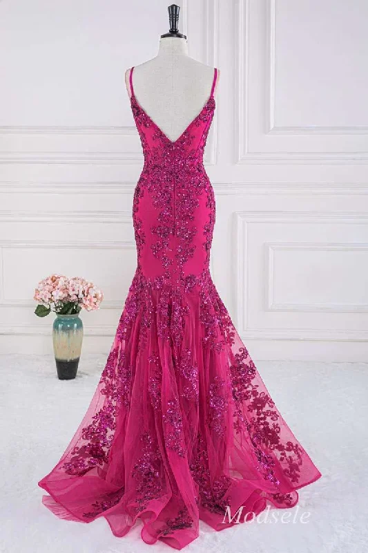 magenta-sequin-appliques-v-neck-trumpet-long-gown