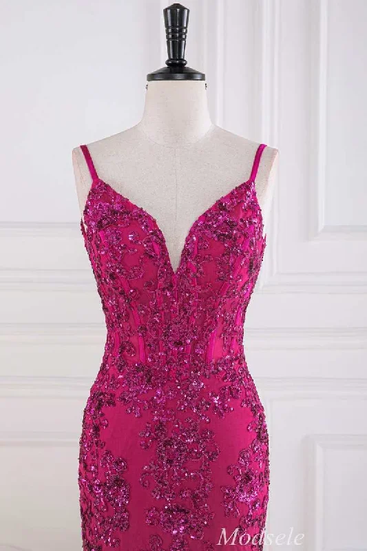 magenta-sequin-appliques-v-neck-trumpet-long-gown