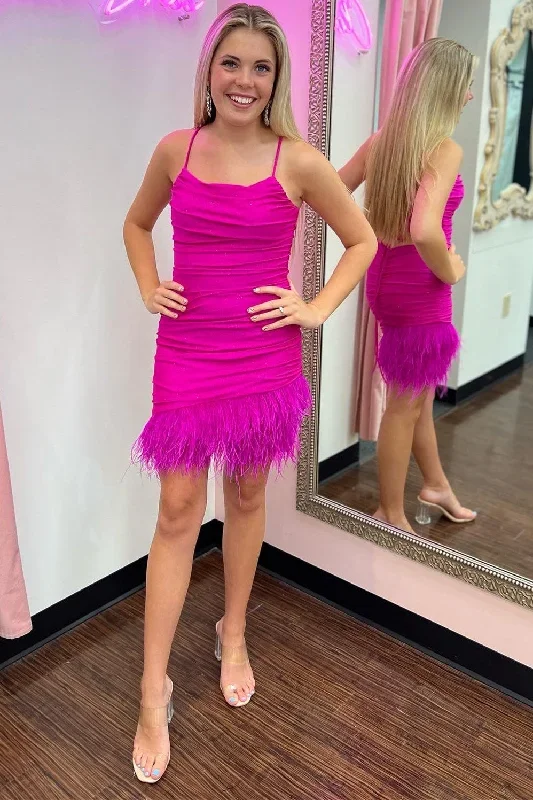 Magenta Spaghetti Strap Ruched Short Dress with Feathers