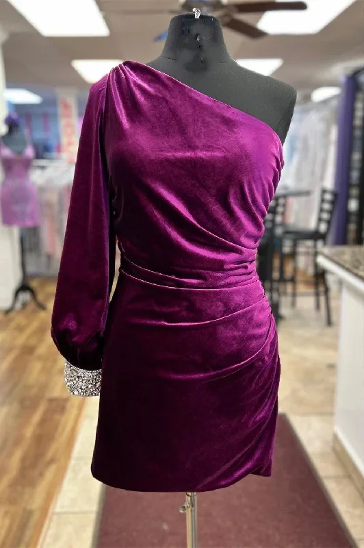 magenta-velvet-one-sleeve-short-cocktail-dress