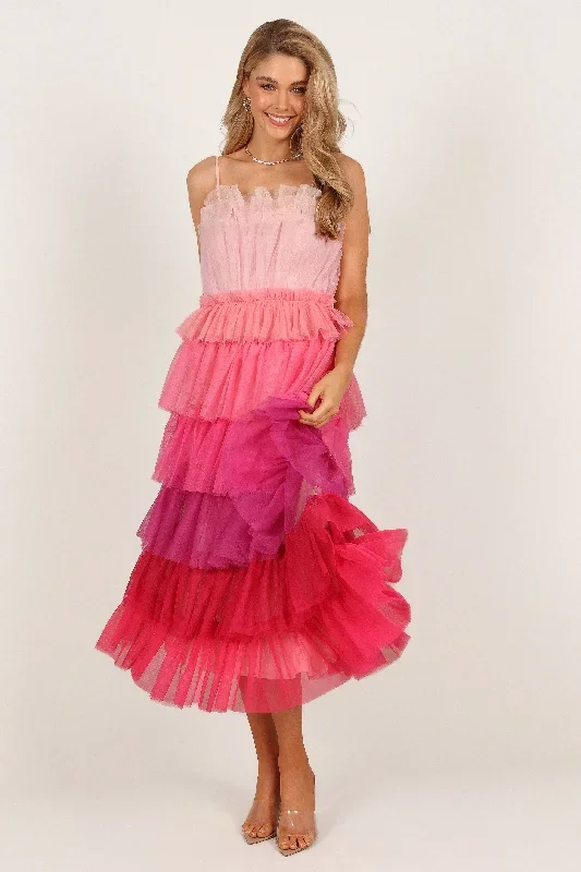 Minnie Tiered Tulle Midi Dress - Pink