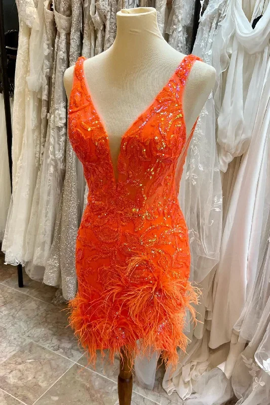 orange-sequin-lace-plunge-v-short-dress-with-feathers