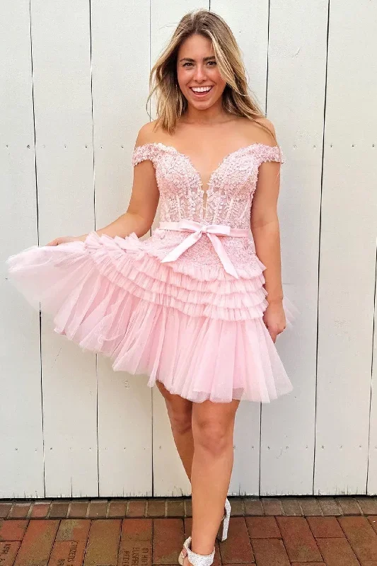 Pink Off-the-Shoulder Bow Tiered Short Homecoming Dress with Ruffles