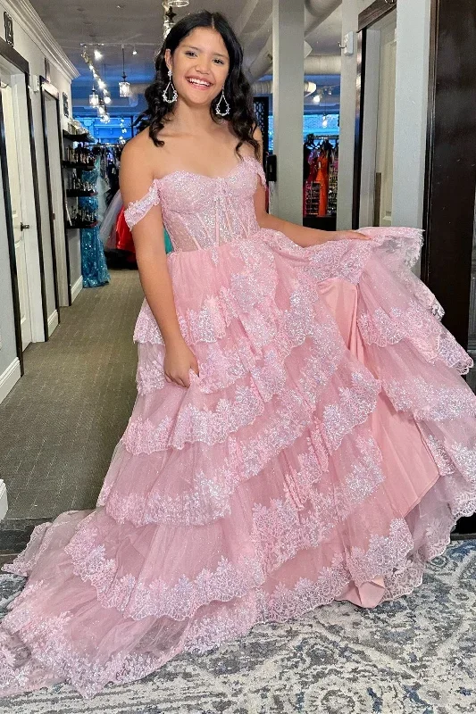 pink-sequin-appliques-off-the-shoulder-ruffle-tiered-long-gown