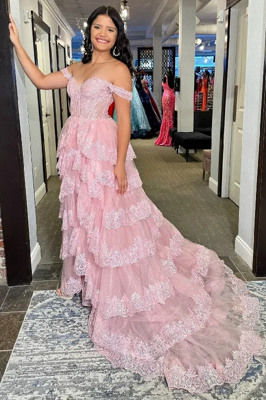 pink-sequin-appliques-off-the-shoulder-ruffle-tiered-long-gown