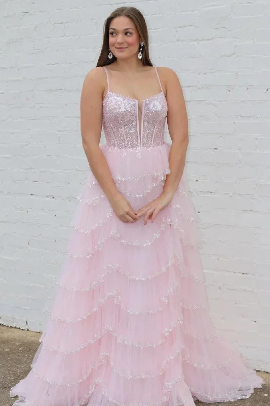 Pink Sequin Lace Spaghetti Strap Ruffle Tiered Long Prom Dress