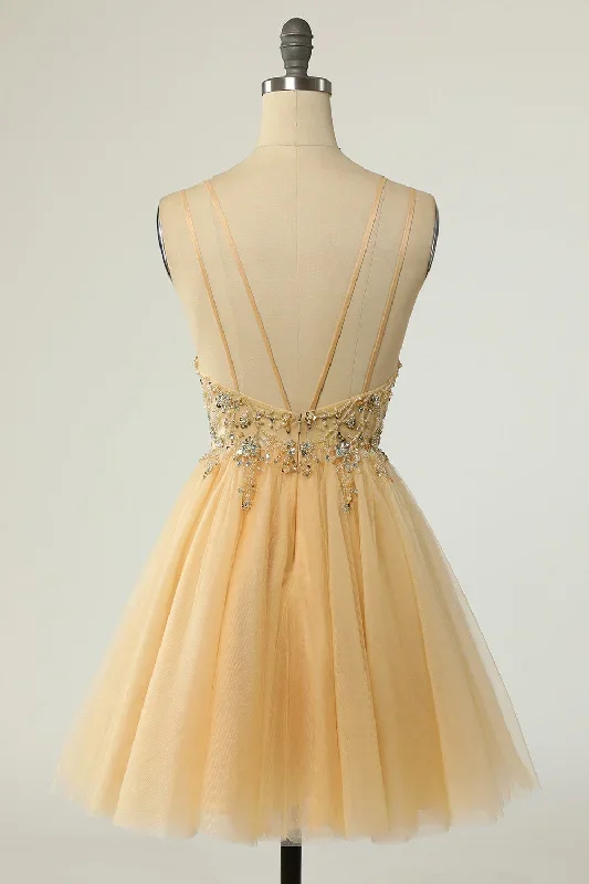 yellow-tulle-plunge-v-a-line-beaded-short-cocktail-dress